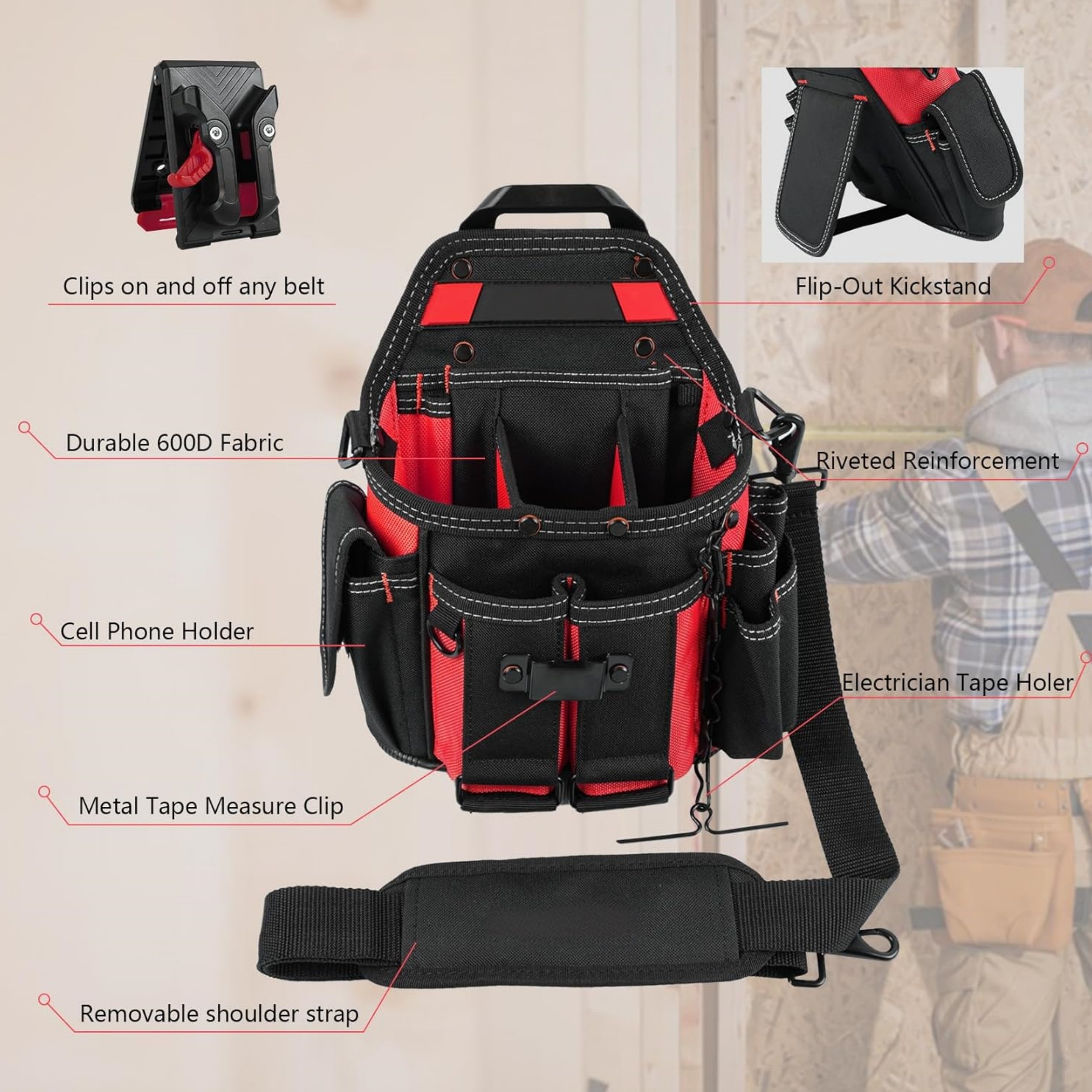 Professional Electrician Tool Pouch – 18 Pockets, Quick-Release Belt Clip, Shoulder Strap