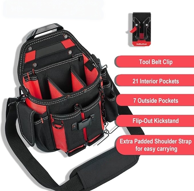 Professional Electrician Tool Pouch – 18 Pockets, Quick-Release Belt Clip, Shoulder Strap