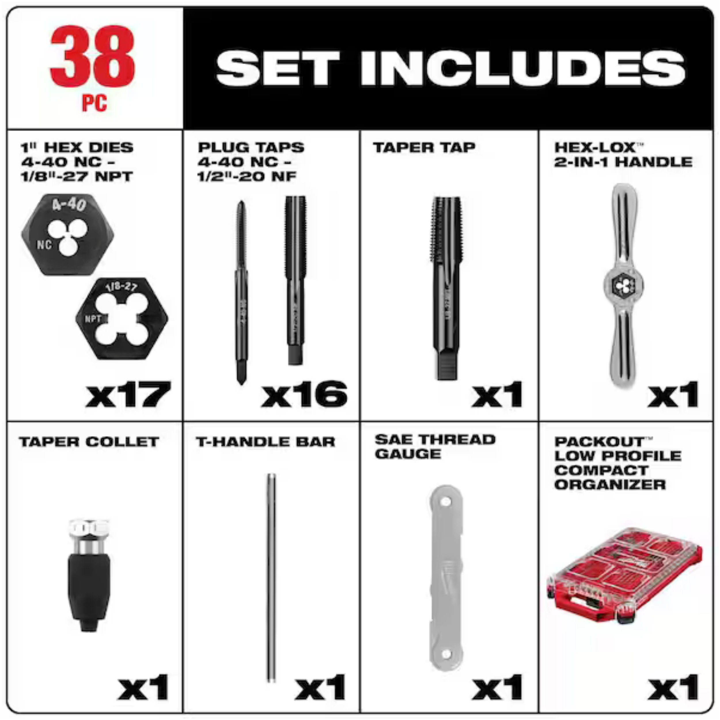 SAE Tap and Die Set – 38‑Piece with 2‑in‑1 Handle & Modular Storage