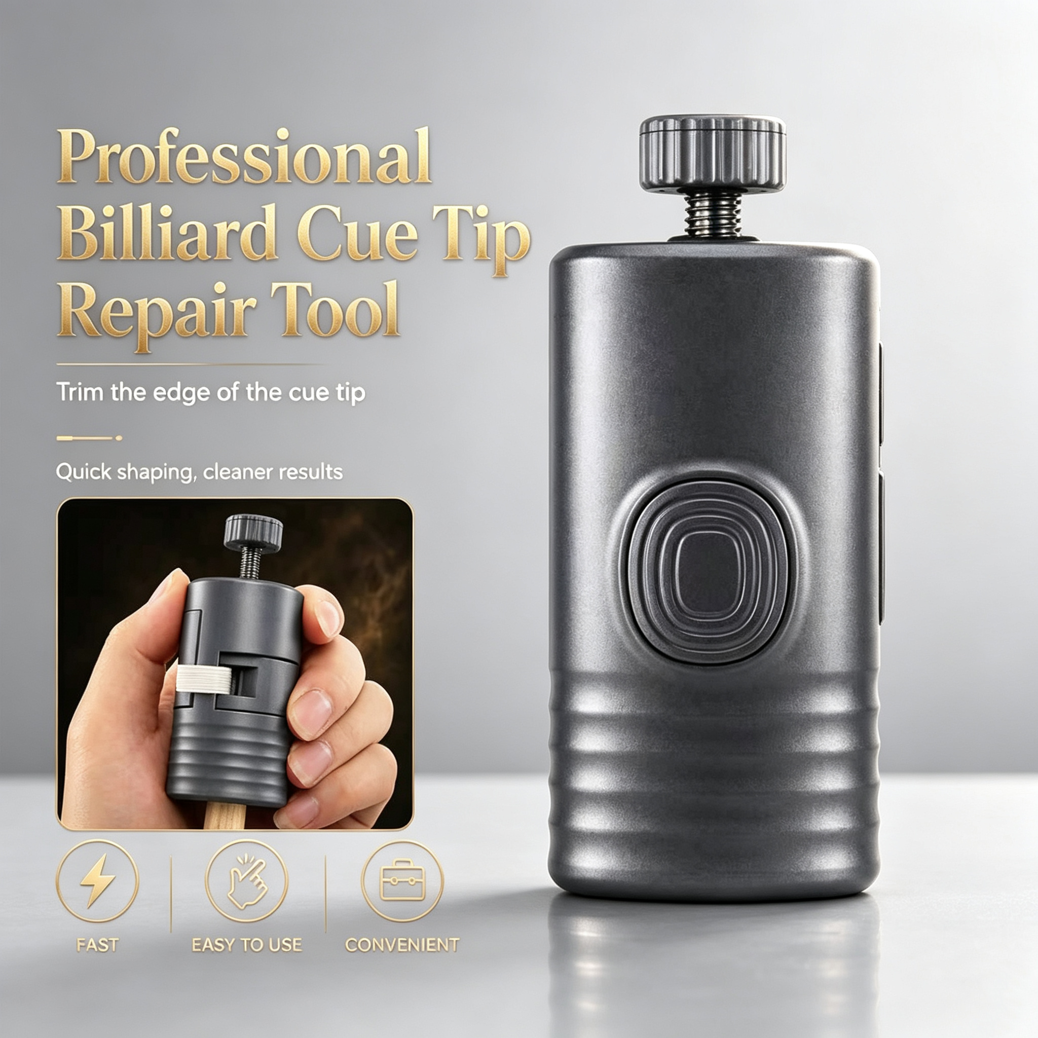 3‑Piece Pool Cue Tip Repair Set – Trimmer, Curvature Shaper, Ferrule Leveler – for Billiards & Tournaments