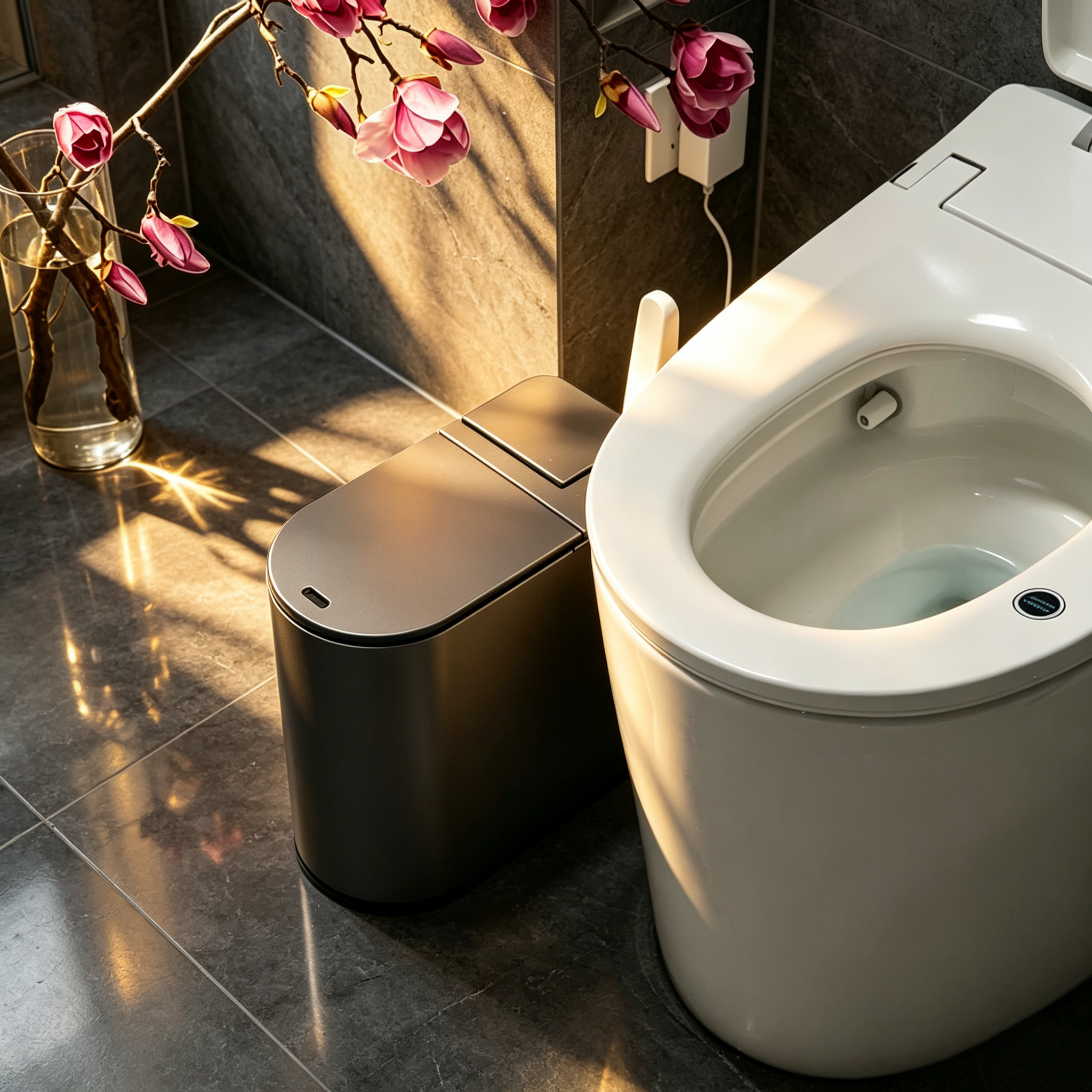 Touchless Bathroom Bin – Motion Sensor, Built‑In Toilet Brush, Odor Control