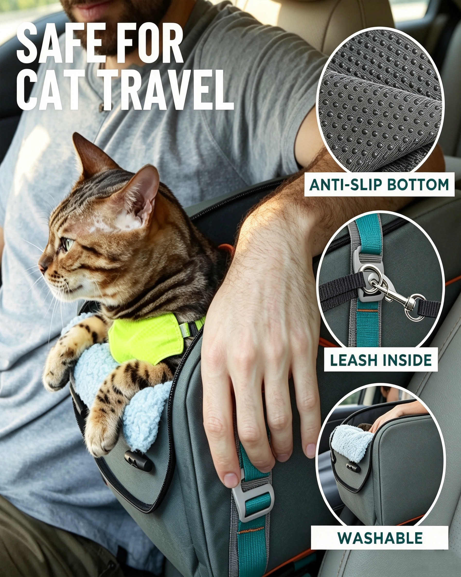 Cat Car Seat – 2‑in‑1 Center Console Bed, Converts to Carrier, Seatbelt Attached