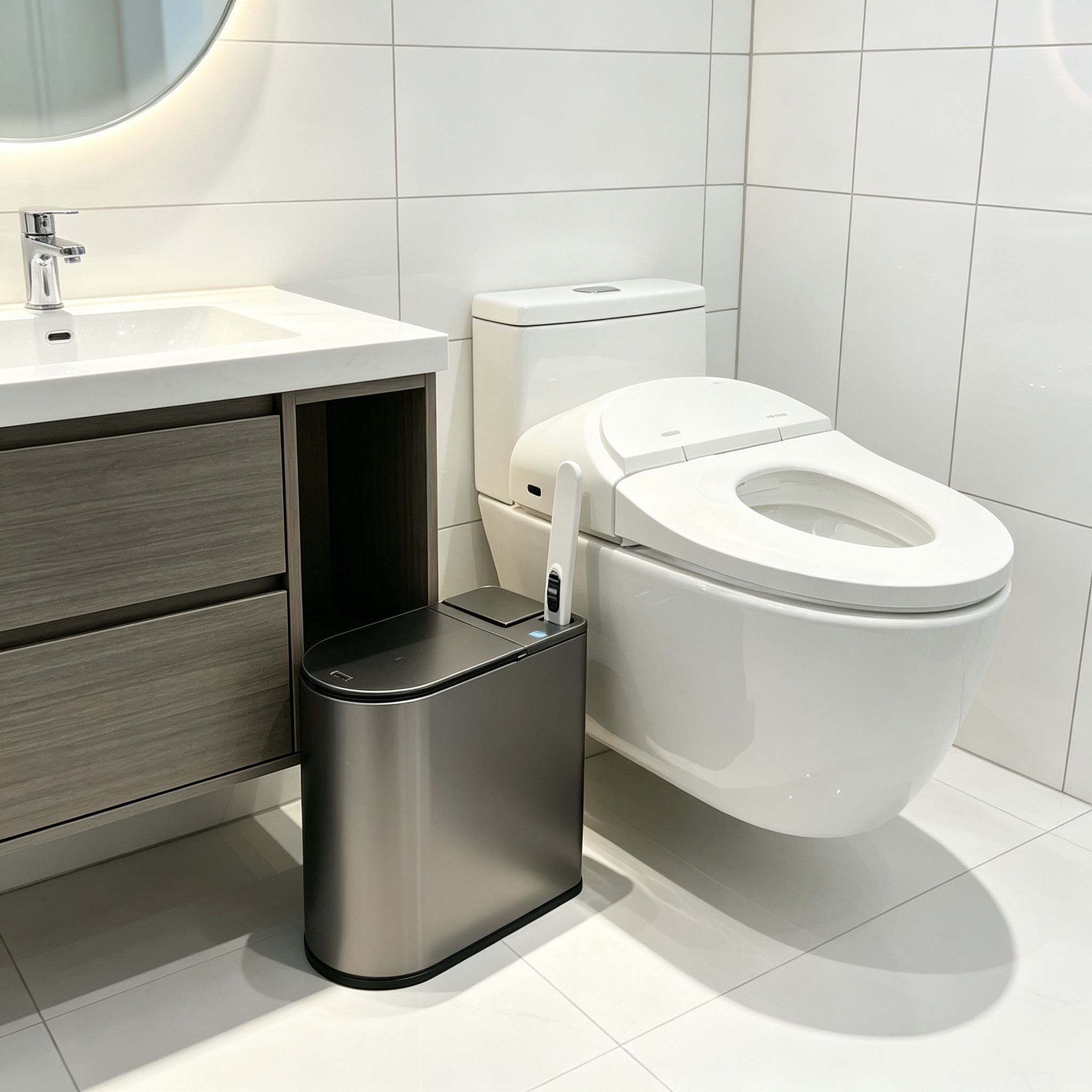Touchless Bathroom Bin – Motion Sensor, Built‑In Toilet Brush, Odor Control