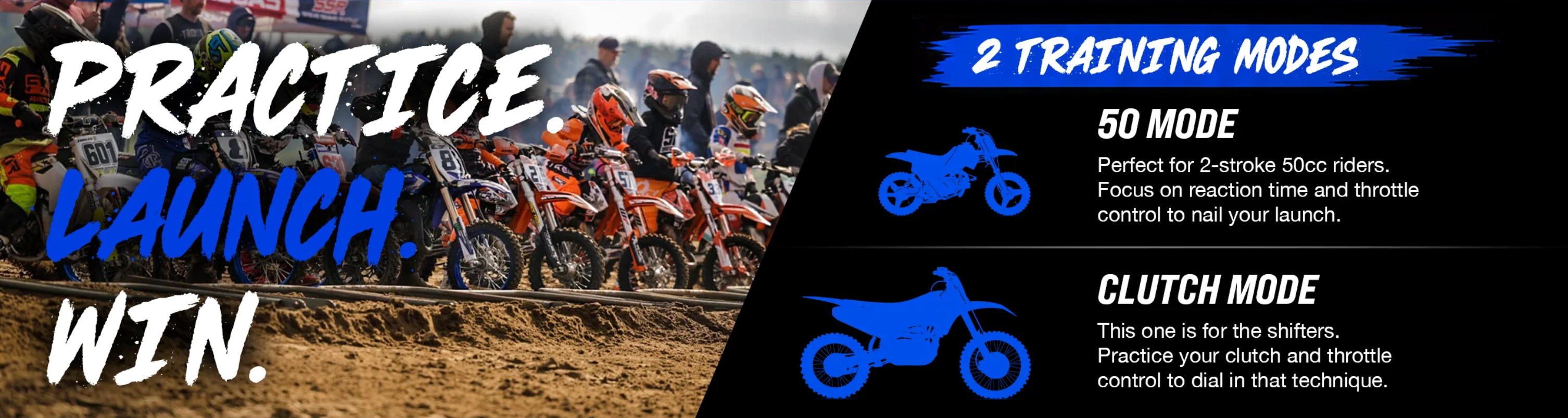 Gate drop race start scene and the two training modes: 50 Mode and Clutch Mode