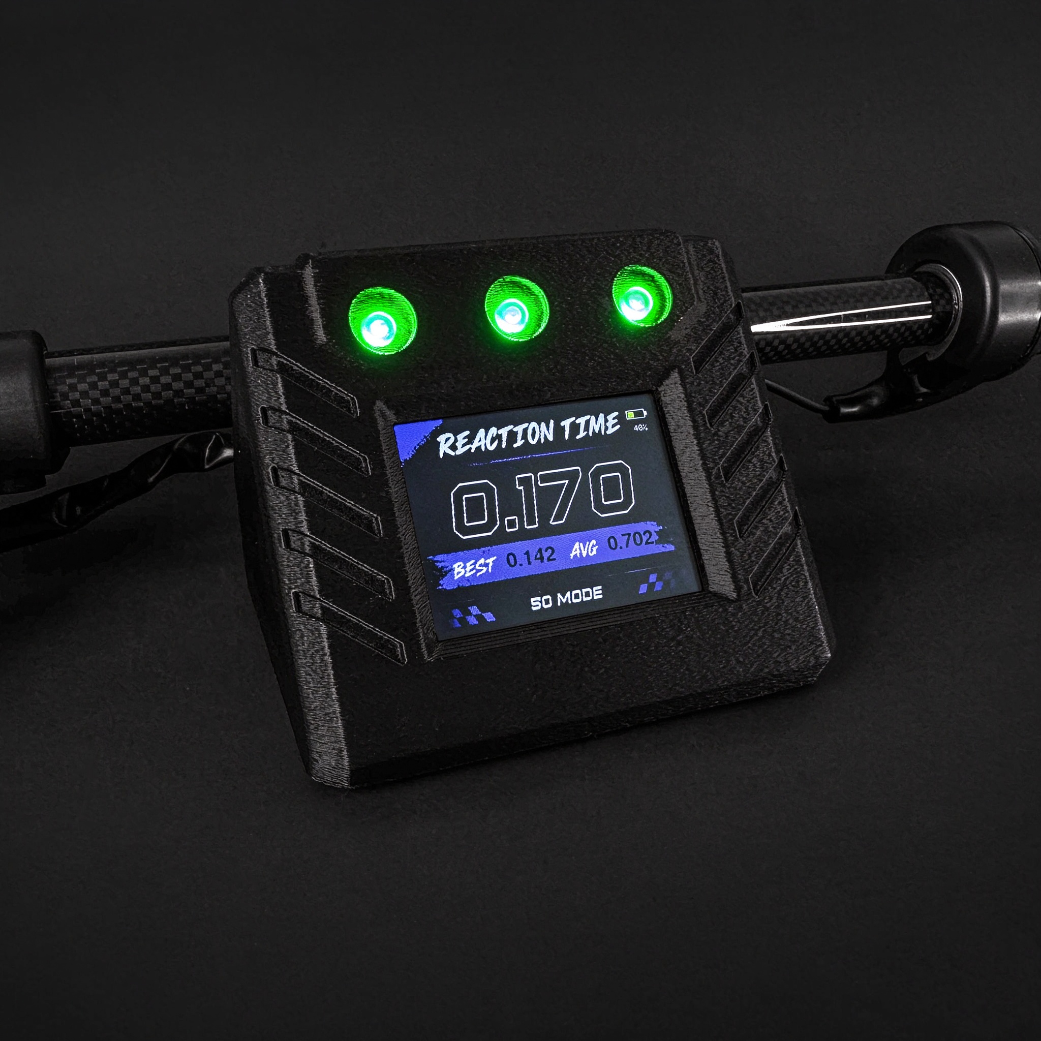 Holeshot Trainer mounted on a carbon fiber handlebar with reaction time display