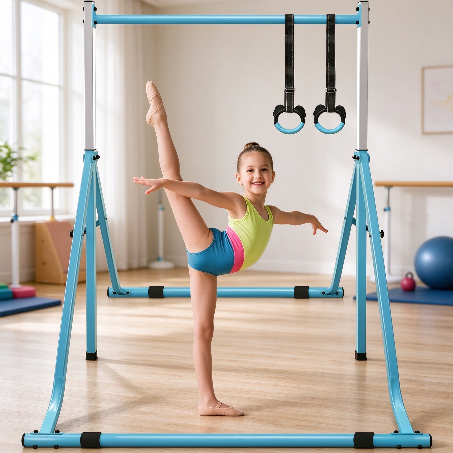 Foldable Kids Gymnastics Bar with Rings – Adjustable Height Home Training Set