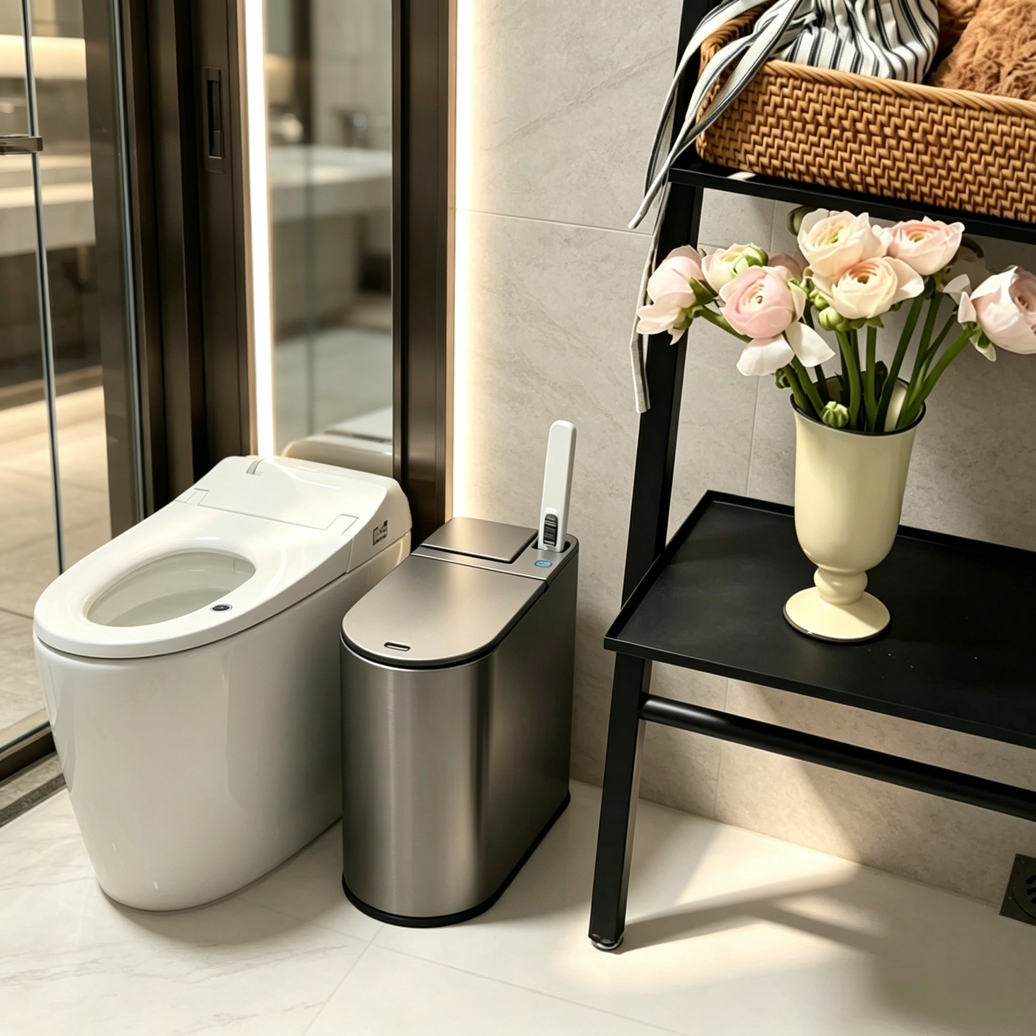 Smart Touchless Bathroom Bin with Built-In Toilet Brush
