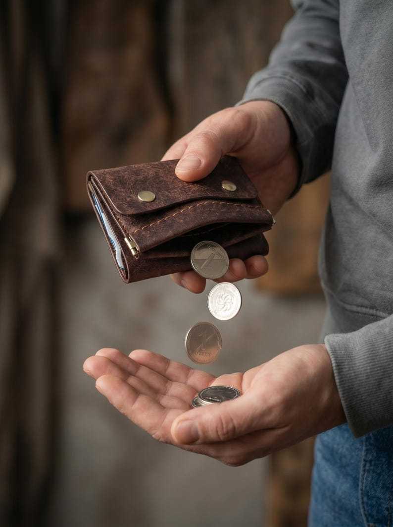 Compact Leather Trifold Wallet – Handmade Green Card, Cash & Coin Holder