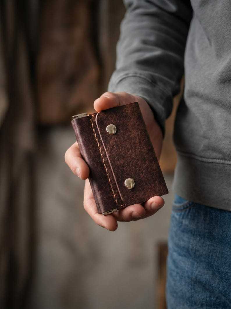 Compact Leather Trifold Wallet – Handmade Green Card, Cash & Coin Holder