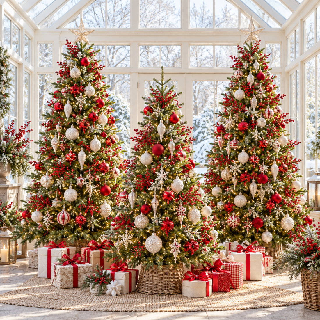 Decorated artificial Christmas trees in a bright holiday room