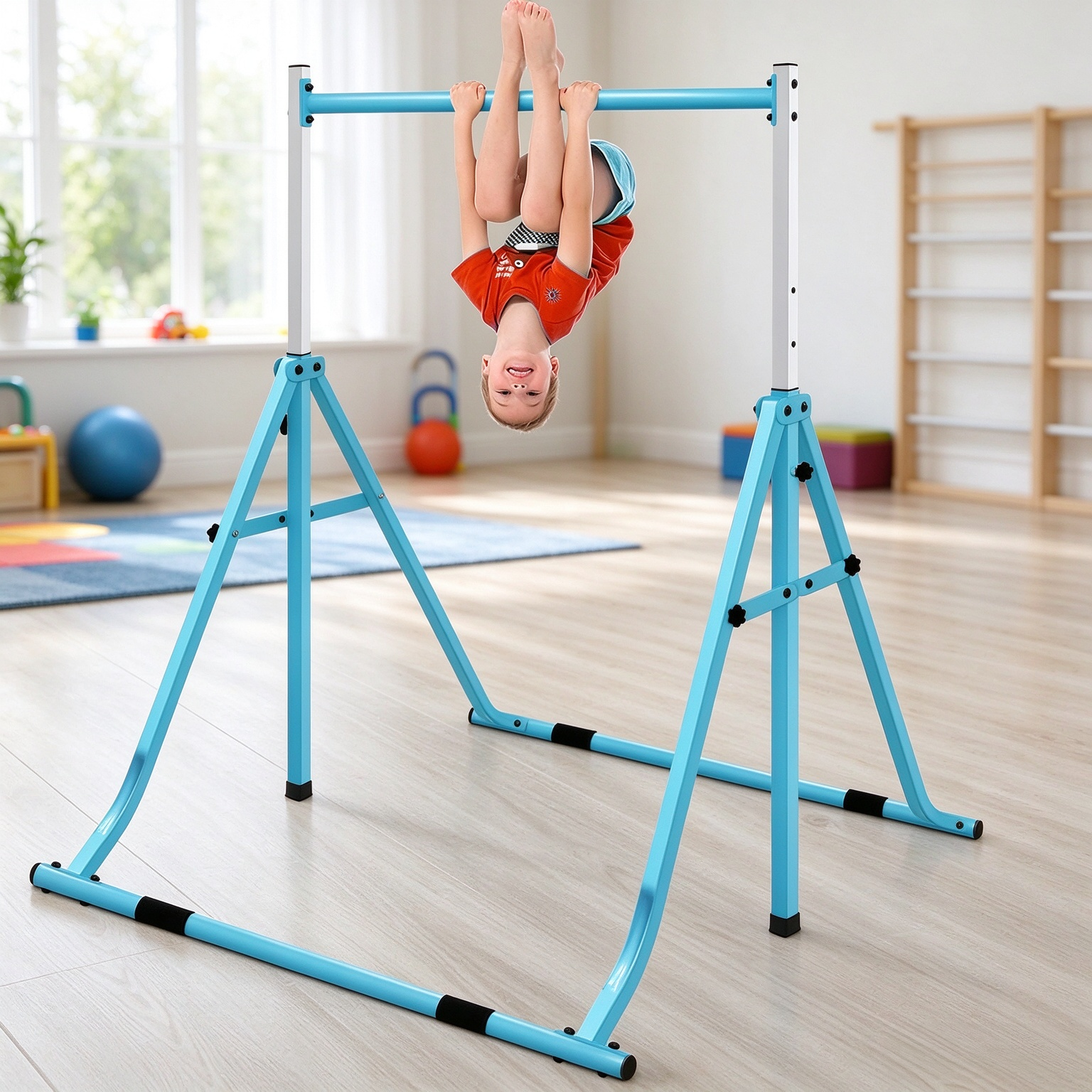 Foldable Kids Gymnastics Bar with Rings – Adjustable Height Home Training Set
