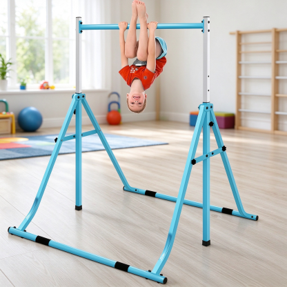 Foldable Kids Gymnastics Bar with Rings – Adjustable Height Home Training Set