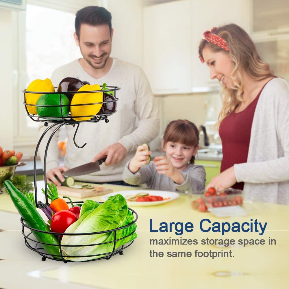 Iron 2-Tier Countertop Fruit Vegetables Basket Bowl Storage With Banana Hanger, Black, 64 ounces