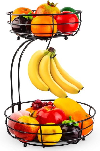 Iron 2-Tier Countertop Fruit Vegetables Basket Bowl Storage With Banana Hanger, Black, 64 ounces