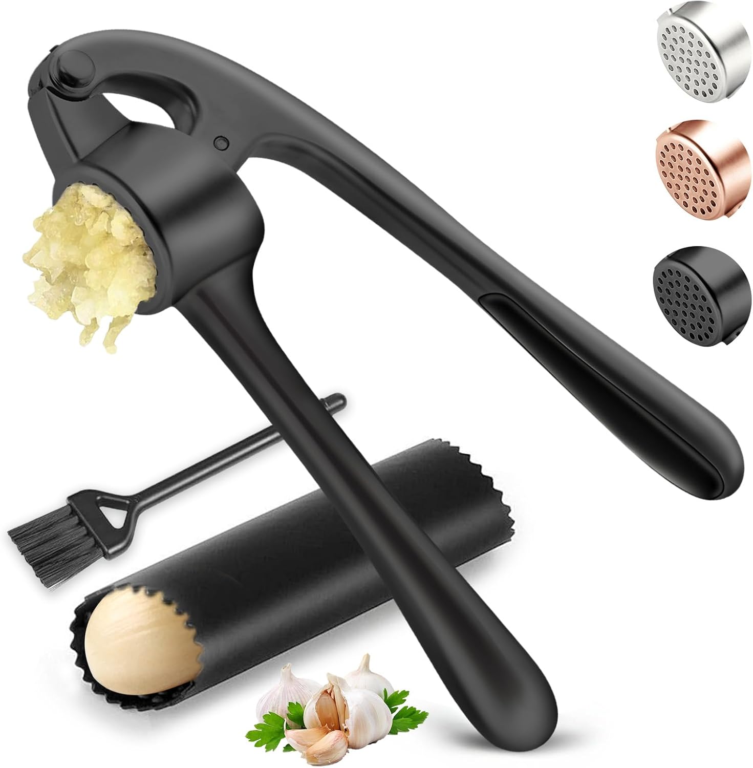 Kitchen Garlic Press, Rust Proof & Dishwasher Safe Garlic Mincer, Durable Garlic Crusher Set with Peeler��Brush, Easy to Clean and Squeeze, Matte