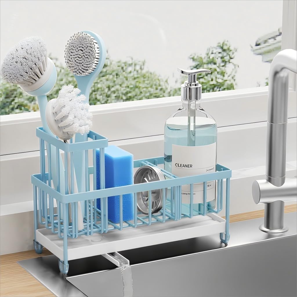 Sponge Holder for Kitchen Sink, Sink Caddy Organizer with High Brush Holder, Kitchen Countertop Organizers and Storage Essentials, Rustproof 304 Stainless Steel (Black, 9.25��)