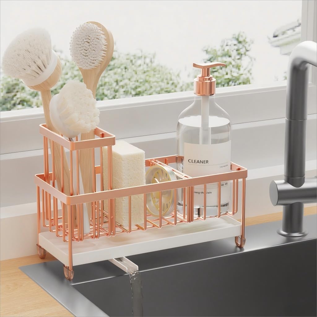 Sponge Holder for Kitchen Sink, Sink Caddy Organizer with High Brush Holder, Kitchen Countertop Organizers and Storage Essentials, Rustproof 304 Stainless Steel (Black, 9.25��)