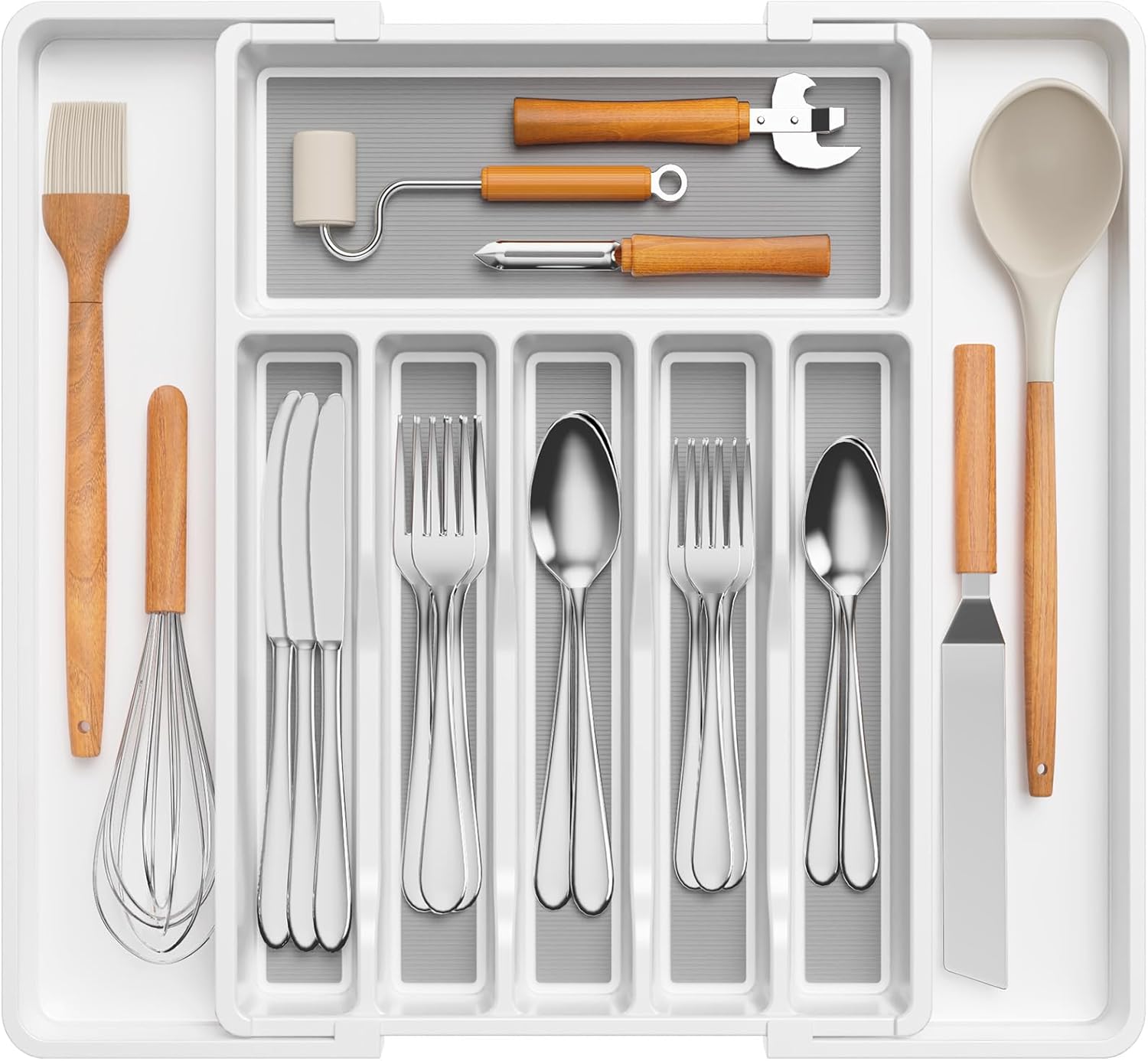 Expandable Silverware Organizer, Plastic Utensil Tray for Kitchen Drawer, BPA Free Flatware Cutlery Holder, Space-Saving Storage for Spoons Forks Knives, 8.5-14 x 12 x 1.5 inch, Black