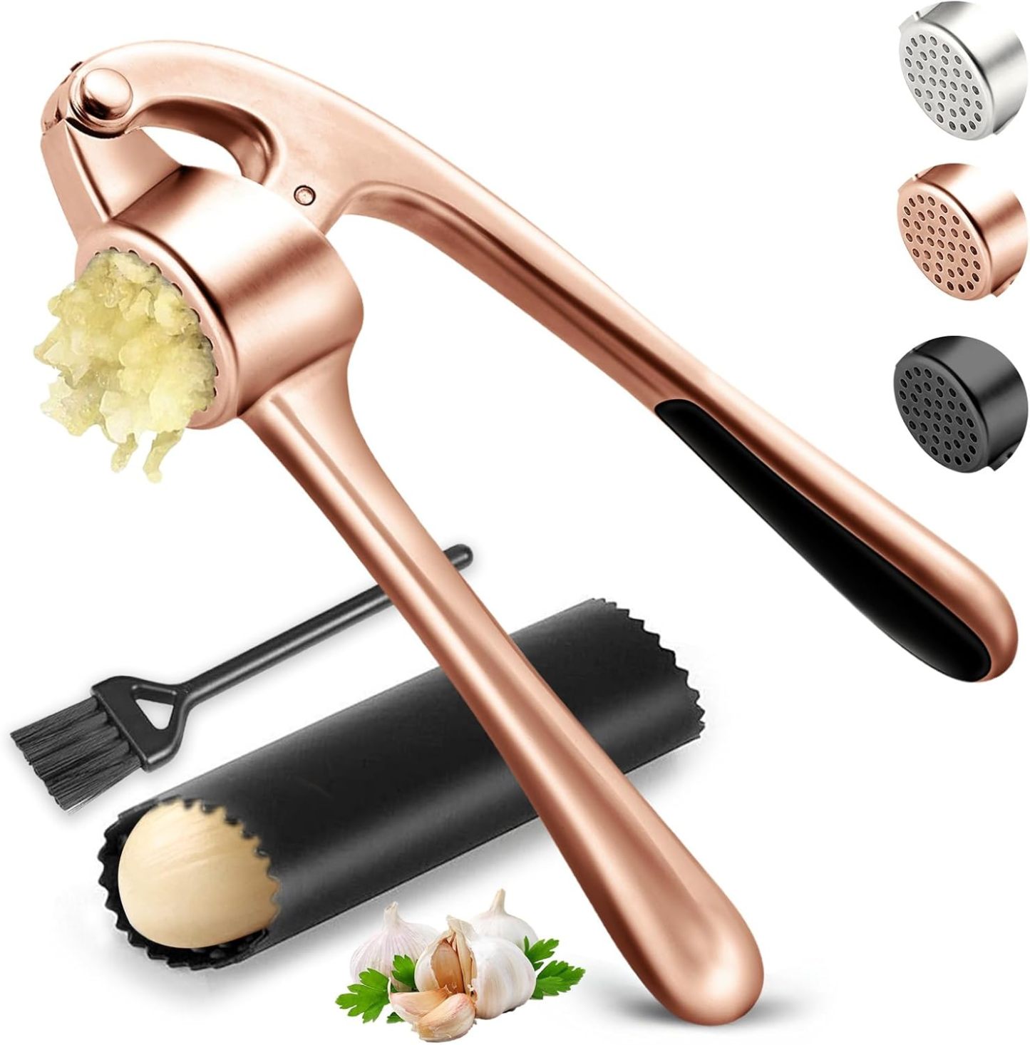 Kitchen Garlic Press, Rust Proof & Dishwasher Safe Garlic Mincer, Durable Garlic Crusher Set with Peeler��Brush, Easy to Clean and Squeeze, Matte