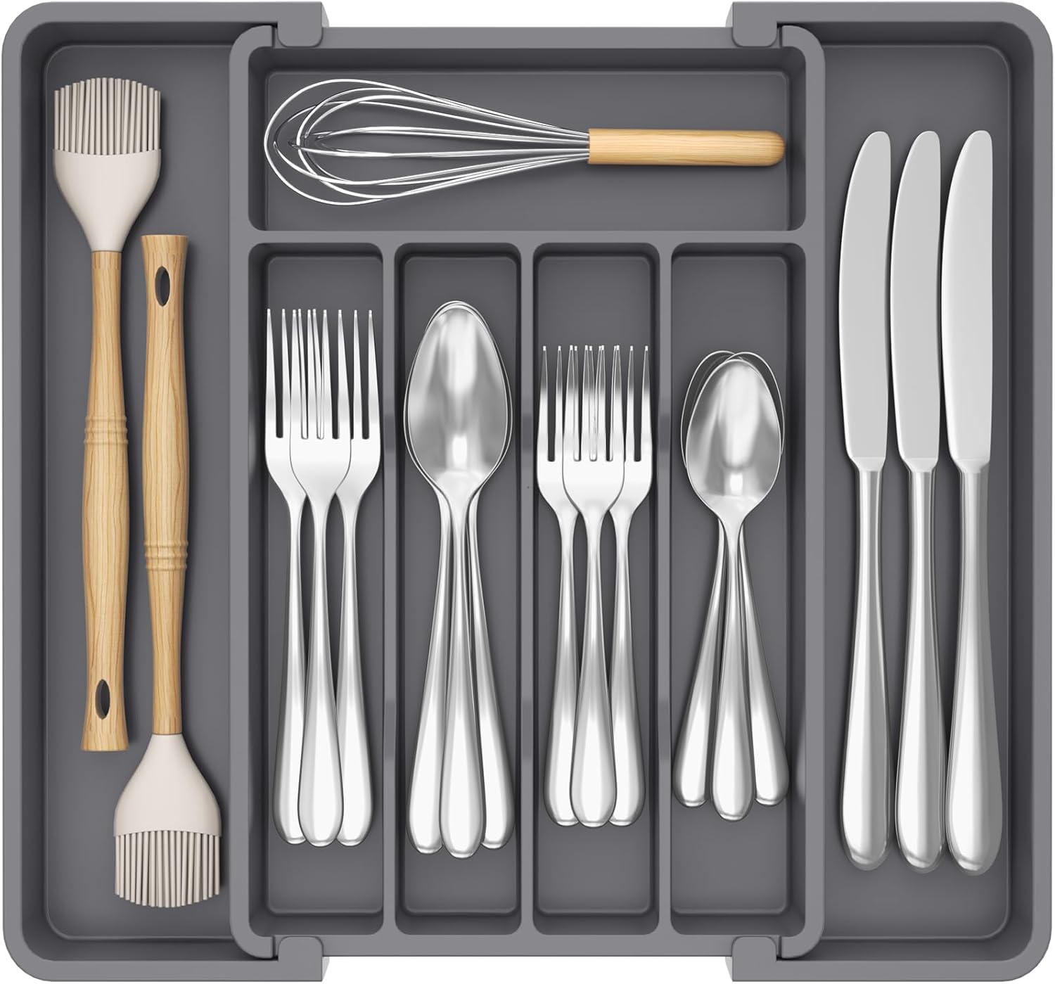 Expandable Silverware Organizer, Plastic Utensil Tray for Kitchen Drawer, BPA Free Flatware Cutlery Holder, Space-Saving Storage for Spoons Forks Knives, 8.5-14 x 12 x 1.5 inch, Black