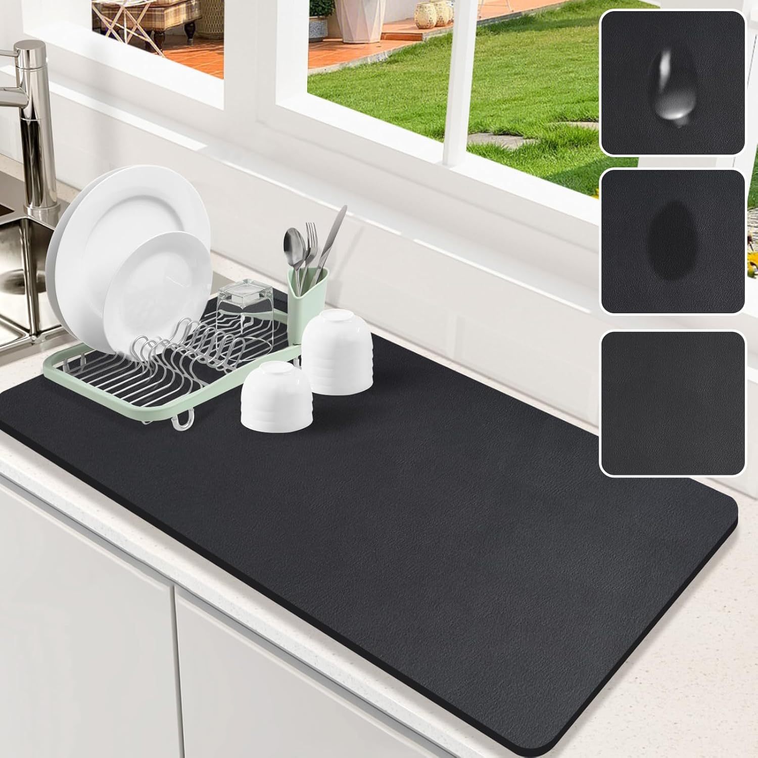 12"x19" Dish Drying Mat for Kitchen Counter, Non-slip Rubber Backed Hide Stain Absorbent Drying Pad for Coffee Machine Dish Rack (Grey)