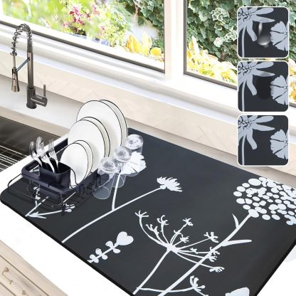 12"x19" Dish Drying Mat for Kitchen Counter, Non-slip Rubber Backed Hide Stain Absorbent Drying Pad for Coffee Machine Dish Rack (Grey)