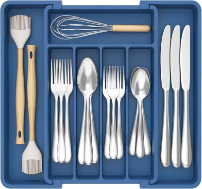 Expandable Silverware Organizer, Plastic Utensil Tray for Kitchen Drawer, BPA Free Flatware Cutlery Holder, Space-Saving Storage for Spoons Forks Knives, 8.5-14 x 12 x 1.5 inch, Black