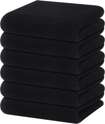 100% Cotton Waffle Weave Kitchen Dish Cloths, Ultra Soft Absorbent Quick Drying Dish Towels, 12 x 12 Inches, 6-Pack, Dark Grey