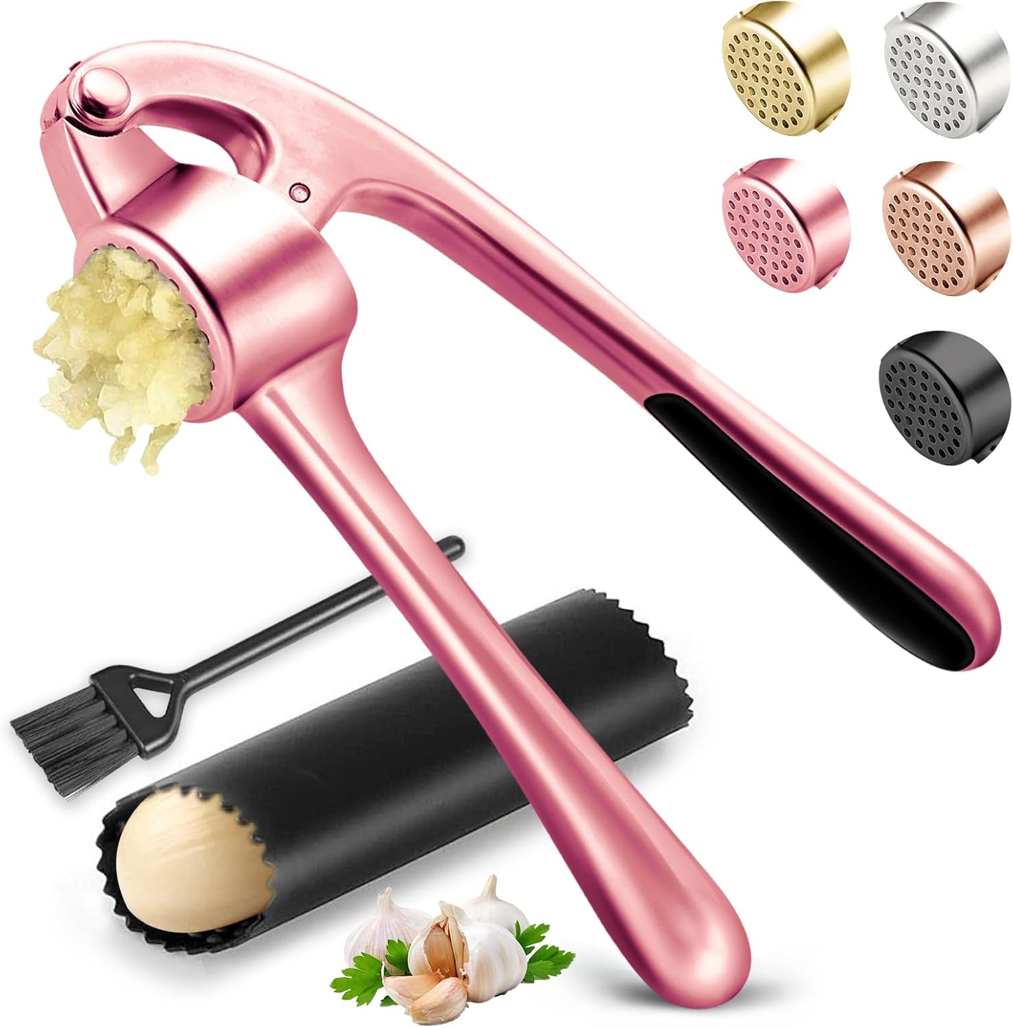 Kitchen Garlic Press, Rust Proof & Dishwasher Safe Garlic Mincer, Durable Garlic Crusher Set with Peeler��Brush, Easy to Clean and Squeeze, Matte