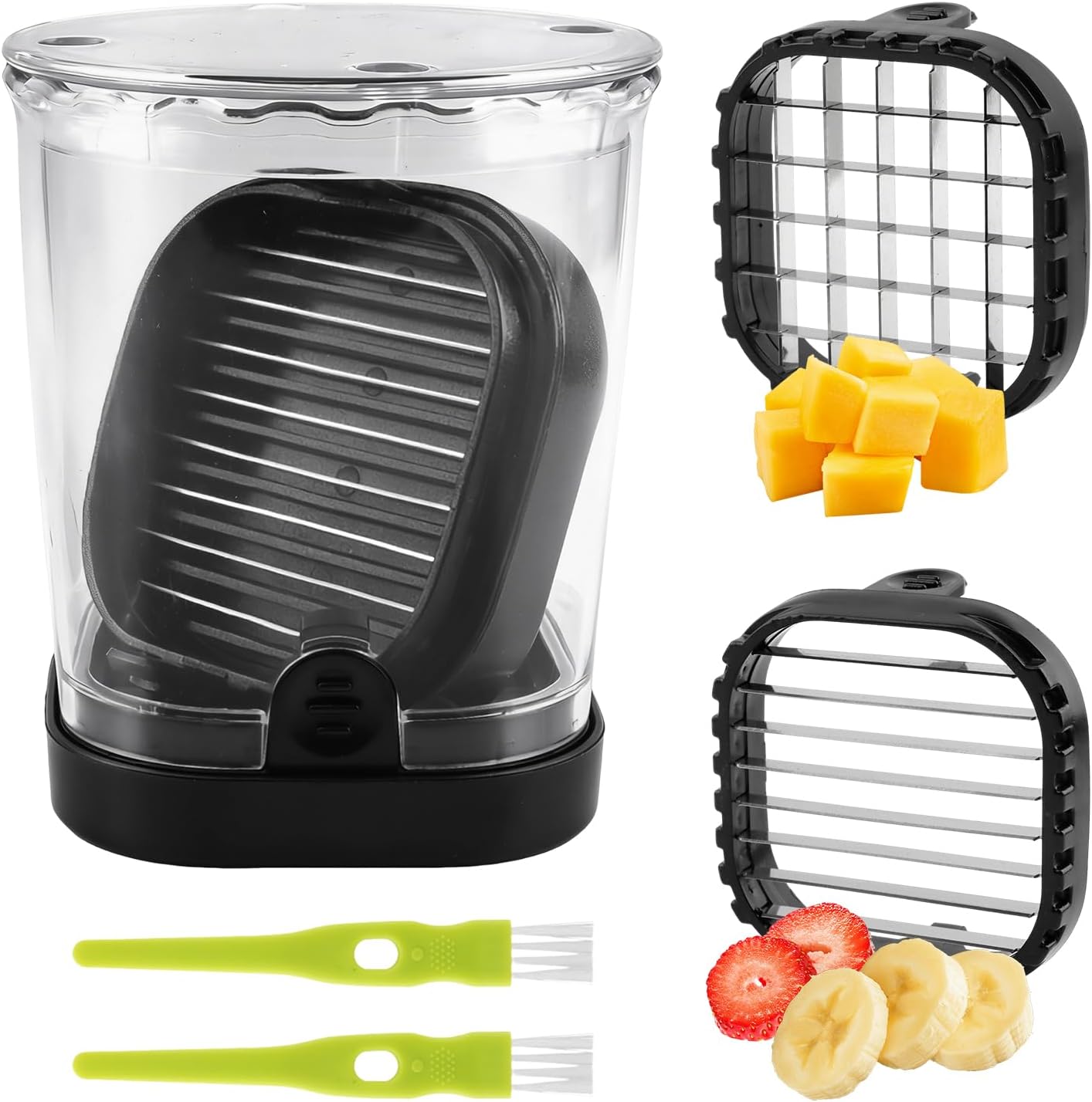 2-in-1 Fruit Slicer & Dicer, Detachable Strawberry Cutter with Lid, Fruit Cup Slicers with Push Plate, Kitchen Gadget for Egg, Bananas, Cucumbers, Mushrooms, Vegetable Cutter, 2 Blades