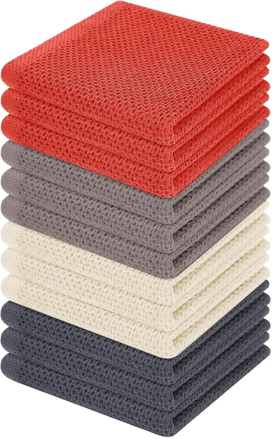 100% Cotton Waffle Weave Kitchen Dish Cloths, Ultra Soft Absorbent Quick Drying Dish Towels, 12 x 12 Inches, 6-Pack, Dark Grey