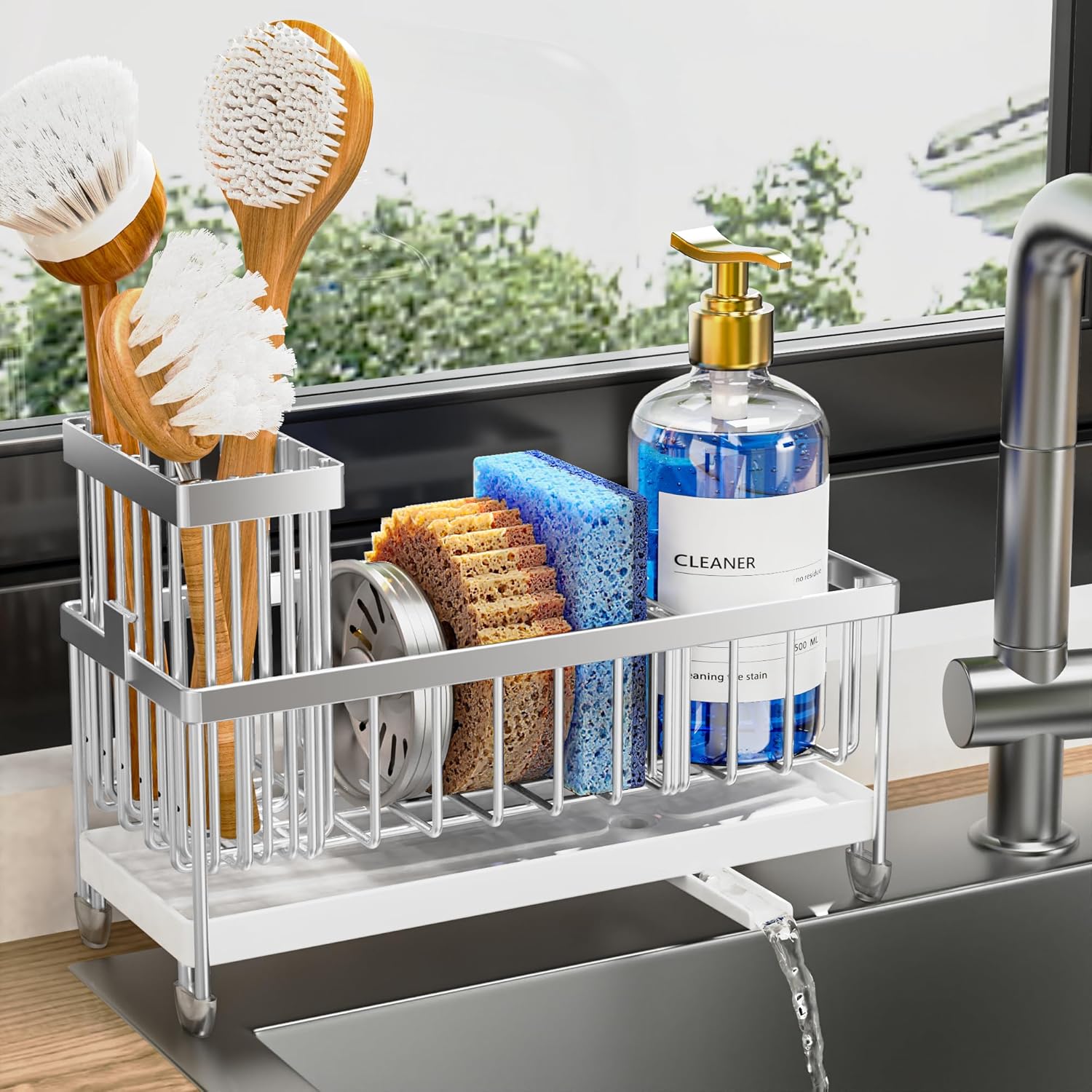 Sponge Holder for Kitchen Sink, Sink Caddy Organizer with High Brush Holder, Kitchen Countertop Organizers and Storage Essentials, Rustproof 304 Stainless Steel (Black, 9.25��)