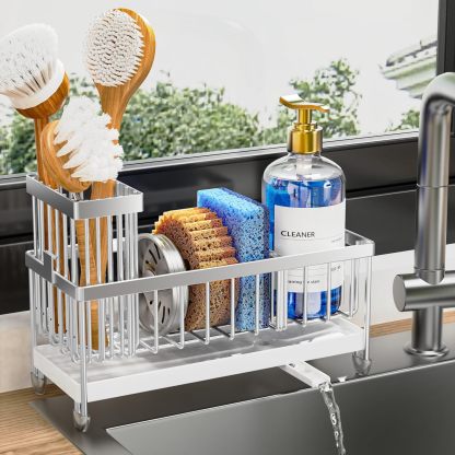 Sponge Holder for Kitchen Sink, Sink Caddy Organizer with High Brush Holder, Kitchen Countertop Organizers and Storage Essentials, Rustproof 304 Stainless Steel (Black, 9.25″)