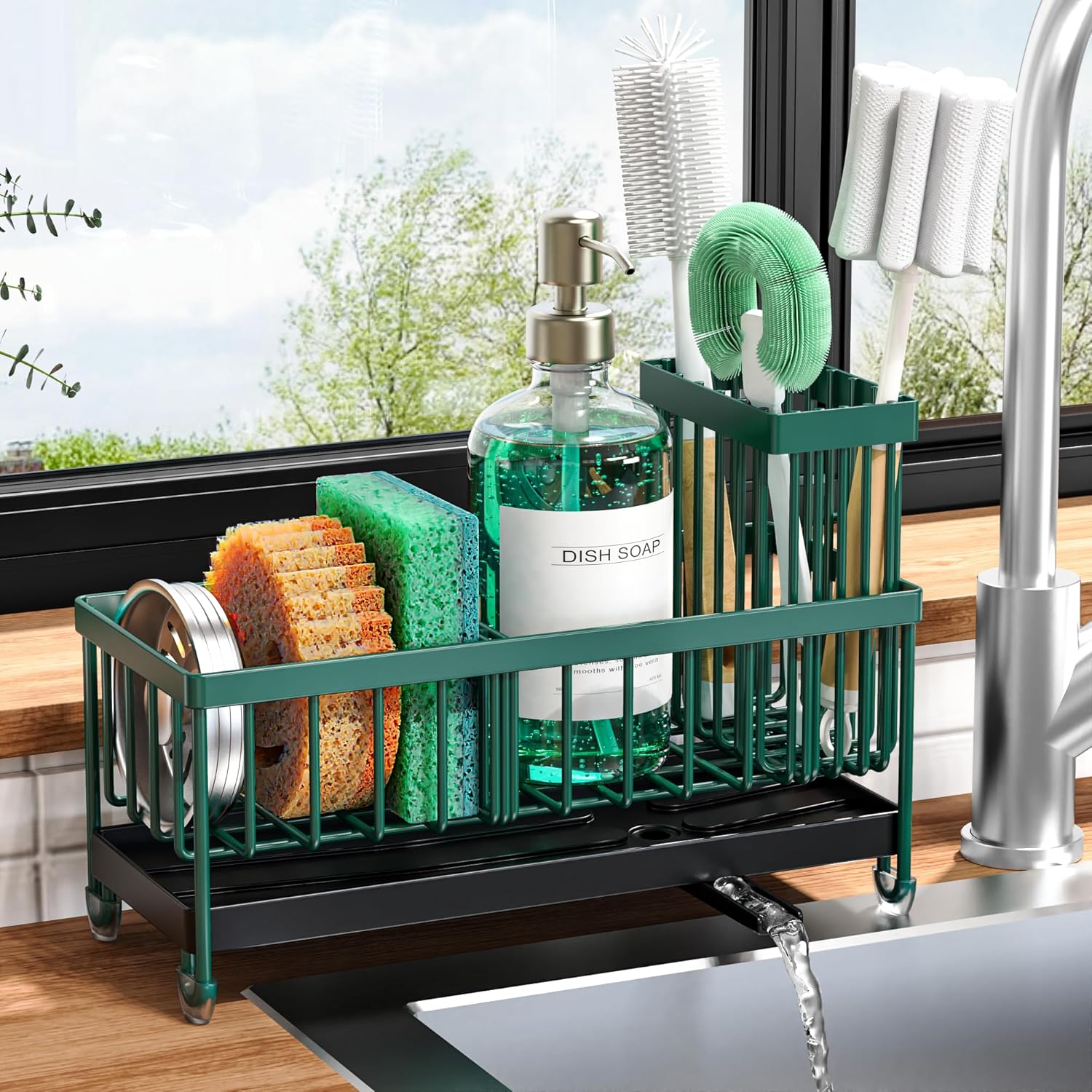 Sponge Holder for Kitchen Sink, Sink Caddy Organizer with High Brush Holder, Kitchen Countertop Organizers and Storage Essentials, Rustproof 304 Stainless Steel (Black, 9.25��)