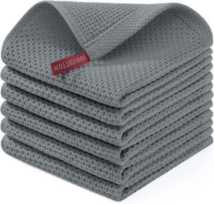 100% Cotton Waffle Weave Kitchen Dish Cloths, Ultra Soft Absorbent Quick Drying Dish Towels, 12 x 12 Inches, 6-Pack, Dark Grey