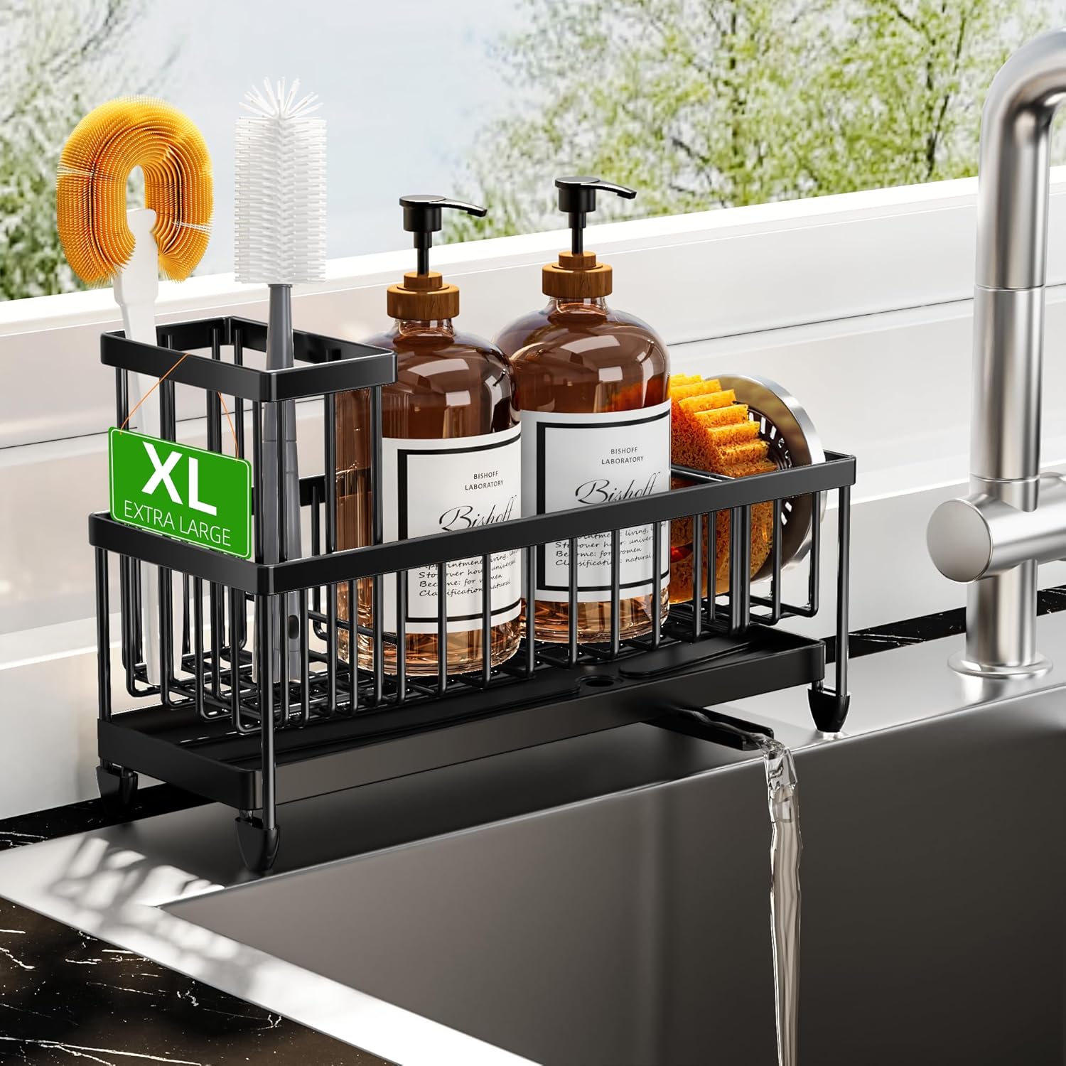 Sponge Holder for Kitchen Sink, Sink Caddy Organizer with High Brush Holder, Kitchen Countertop Organizers and Storage Essentials, Rustproof 304 Stainless Steel (Black, 9.25��)
