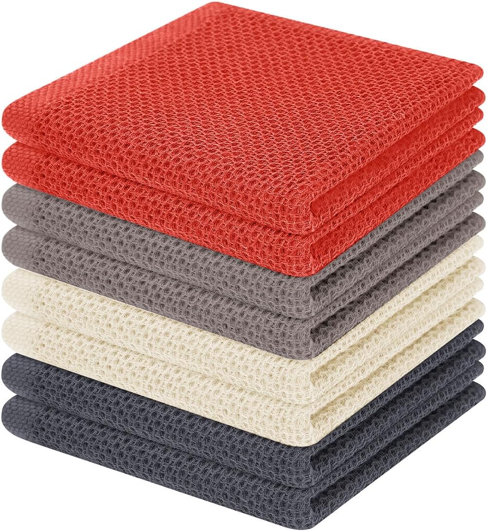 100% Cotton Waffle Weave Kitchen Dish Cloths, Ultra Soft Absorbent Quick Drying Dish Towels, 12 x 12 Inches, 6-Pack, Dark Grey