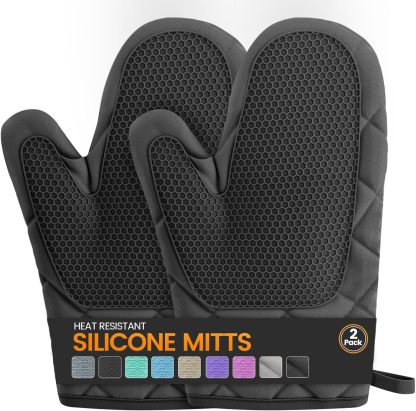 Silicone Oven Mitts, Heat Resistant 2PCS Oven Mitts with Soft Cotton Lining, Waterproof Non-Slip Grip Oven Glove, Kitchen Potholder Mits for BBQ, Baking, Cooking, 12.5 Inch - Grey