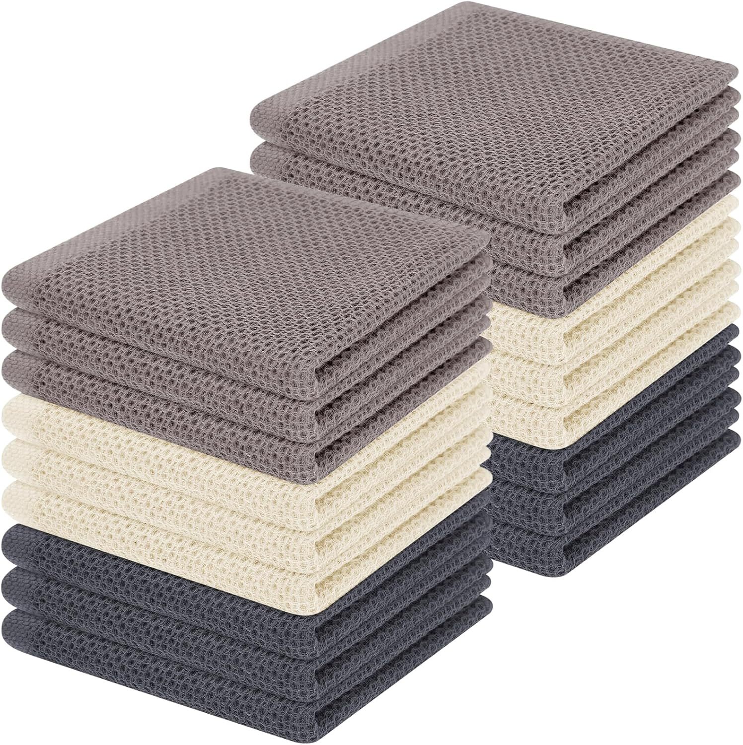 100% Cotton Waffle Weave Kitchen Dish Cloths, Ultra Soft Absorbent Quick Drying Dish Towels, 12 x 12 Inches, 6-Pack, Dark Grey