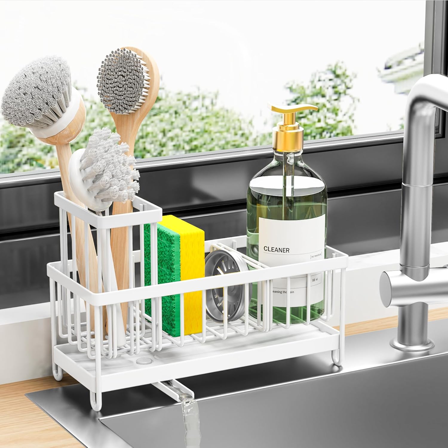 Sponge Holder for Kitchen Sink, Sink Caddy Organizer with High Brush Holder, Kitchen Countertop Organizers and Storage Essentials, Rustproof 304 Stainless Steel (Black, 9.25″)