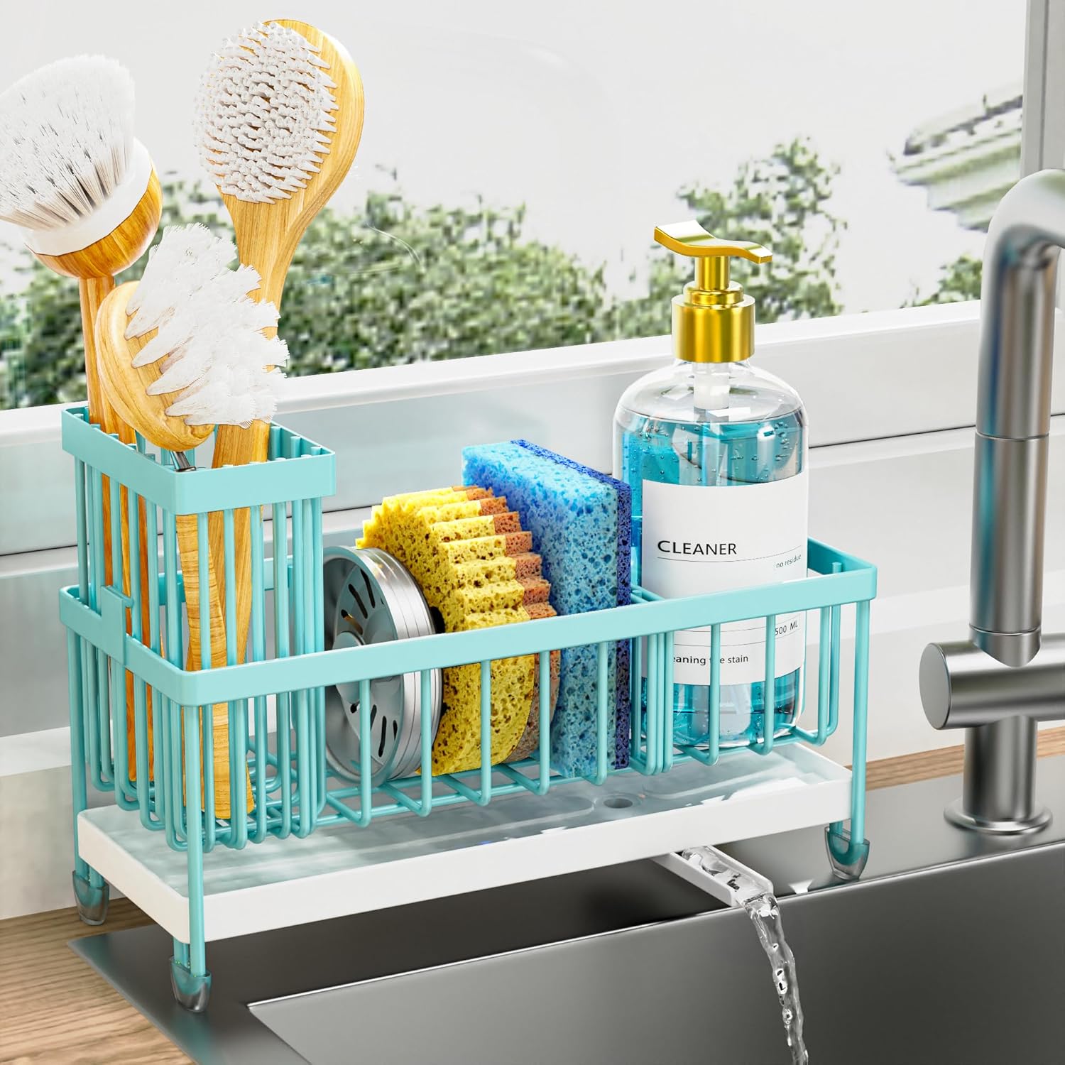 Sponge Holder for Kitchen Sink, Sink Caddy Organizer with High Brush Holder, Kitchen Countertop Organizers and Storage Essentials, Rustproof 304 Stainless Steel (Black, 9.25��)