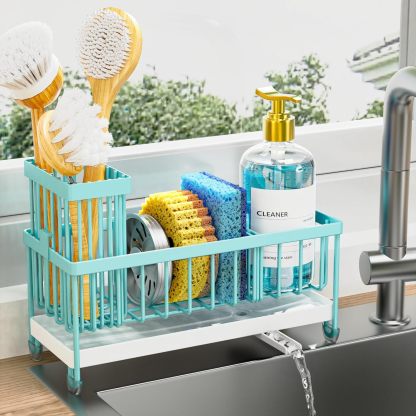 Sponge Holder for Kitchen Sink, Sink Caddy Organizer with High Brush Holder, Kitchen Countertop Organizers and Storage Essentials, Rustproof 304 Stainless Steel (Black, 9.25″)