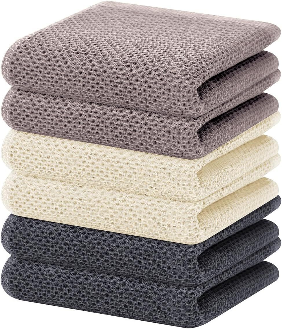 100% Cotton Waffle Weave Kitchen Dish Cloths, Ultra Soft Absorbent Quick Drying Dish Towels, 12 x 12 Inches, 6-Pack, Dark Grey
