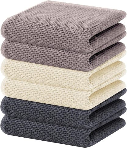 100% Cotton Waffle Weave Kitchen Dish Cloths, Ultra Soft Absorbent Quick Drying Dish Towels, 12 x 12 Inches, 6-Pack, Dark Grey