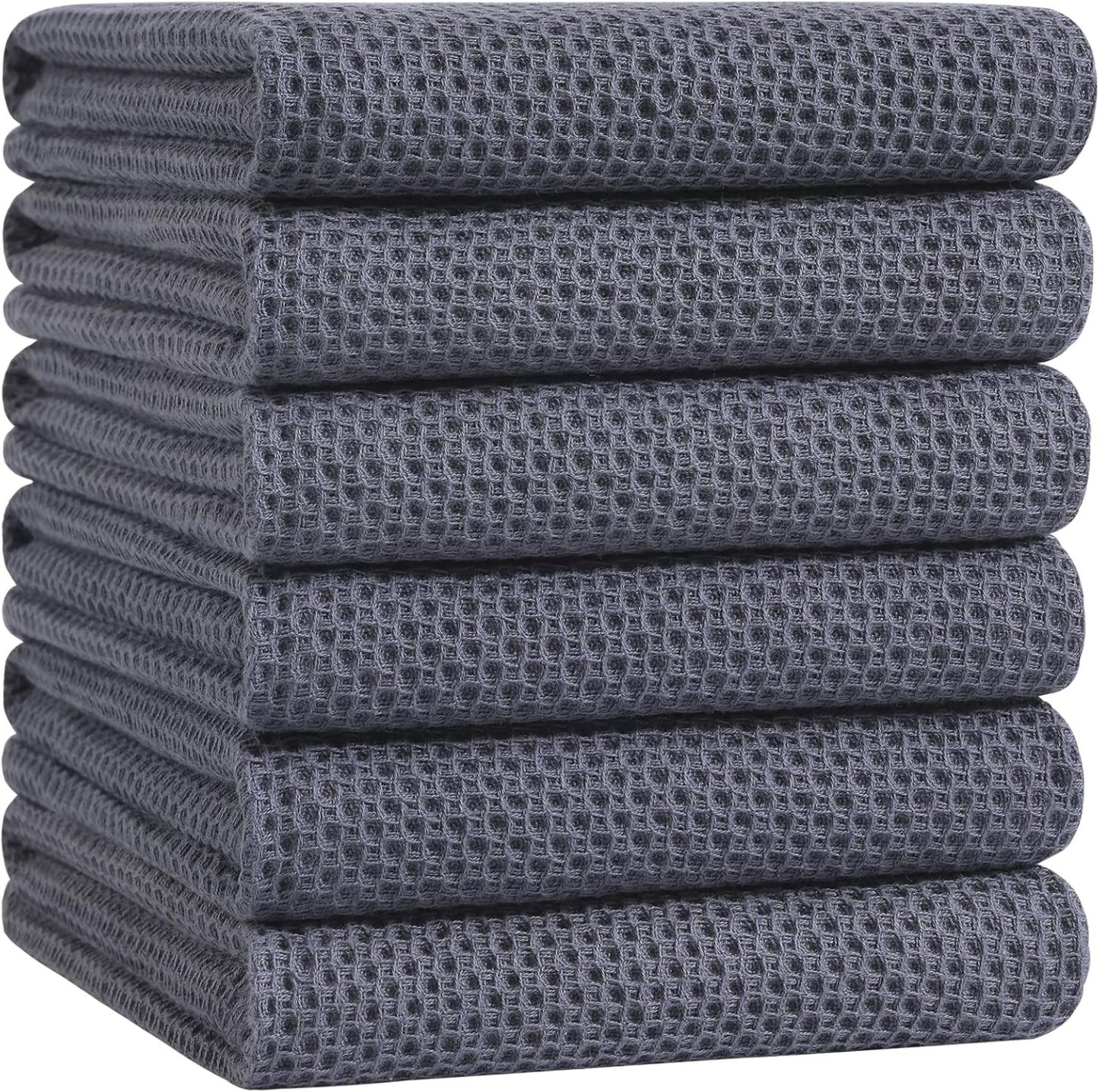 100% Cotton Waffle Weave Kitchen Dish Cloths, Ultra Soft Absorbent Quick Drying Dish Towels, 12 x 12 Inches, 6-Pack, Dark Grey