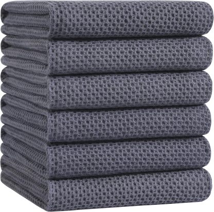 100% Cotton Waffle Weave Kitchen Dish Cloths, Ultra Soft Absorbent Quick Drying Dish Towels, 12 x 12 Inches, 6-Pack, Dark Grey
