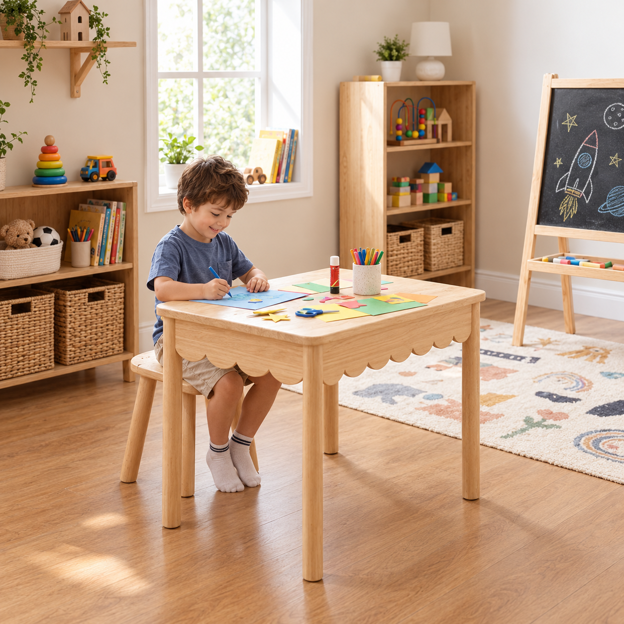 Scalloped Kids Table with Hidden Storage & Matching Stool – Multi-Functional Wooden Activity Table