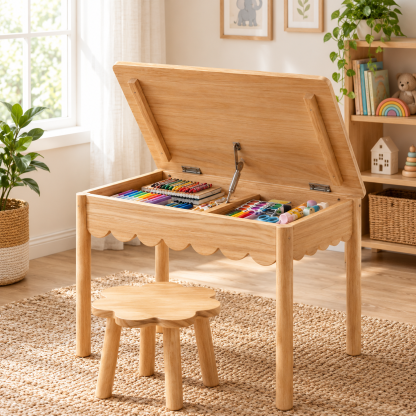 Scalloped Kids Table with Hidden Storage & Matching Stool – Multi-Functional Wooden Activity Table