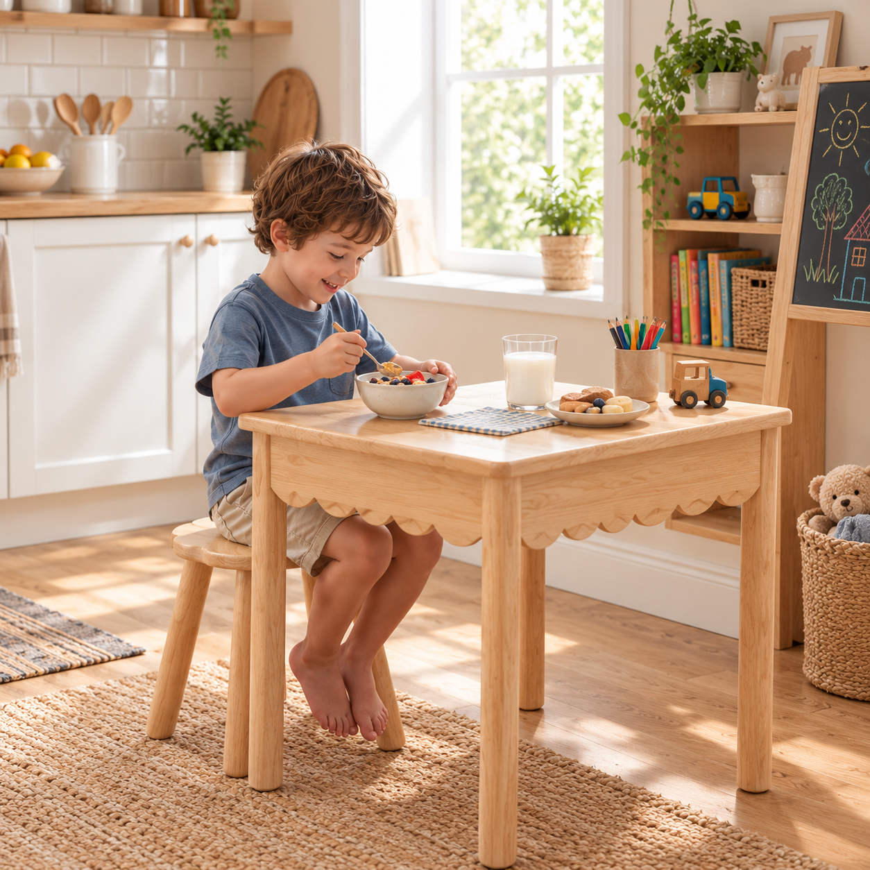 Scalloped Kids Table with Hidden Storage & Matching Stool – Multi-Functional Wooden Activity Table