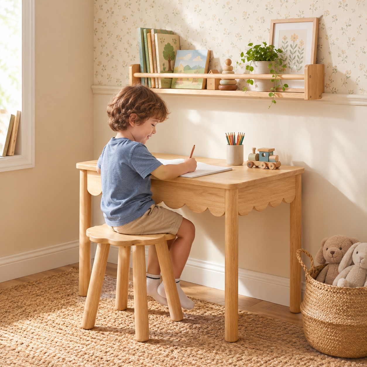 Scalloped Kids Table with Hidden Storage & Matching Stool – Multi-Functional Wooden Activity Table